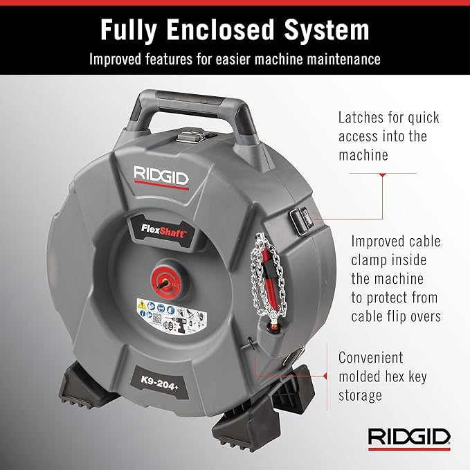 RIDGID 76198 FlexShaft K9-204+ Drain Cleaning Machine for 2" to 4" Pipe, Professional Wall-to-Wall Drain Cleaning Machine with 70' of 5/16" FlexShaft Cable