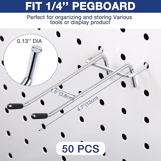 Shimeyao 50 Pack Pegboard Hook Stainless Steel Peg Board Tool Utility Hooks Double Arm Pegboard Display Hook Hanging for 1/8 Pegboard Accessories Garage Storage Organizer, 0.13'' Thick(4.72'')