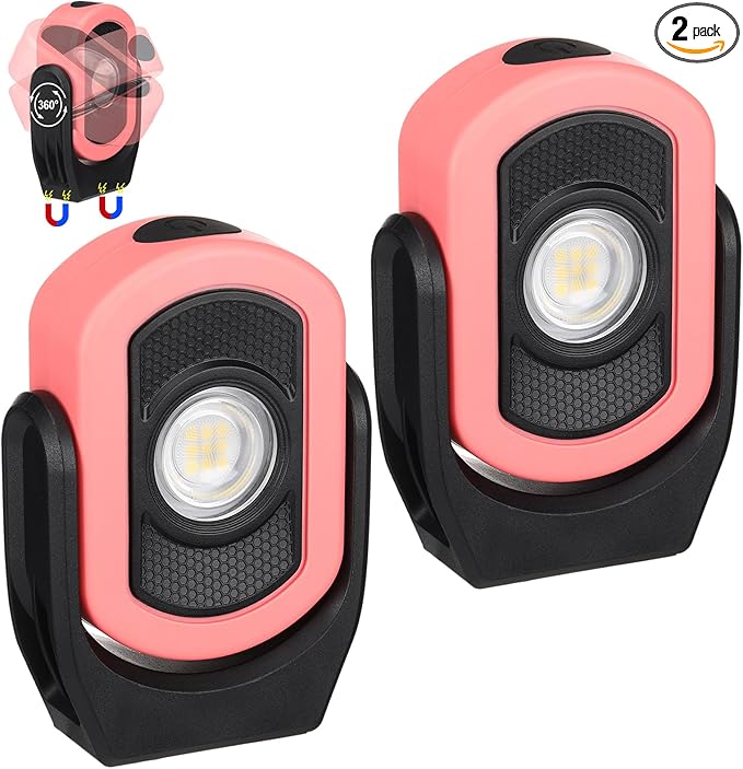Retisee 2 Pcs 720 Lumens Magnetic Work Light USB Rechargeable LED Flashlight Portable Inspection Light for Car Repair Emergency Lighting Mechanics Workshop (Pink)