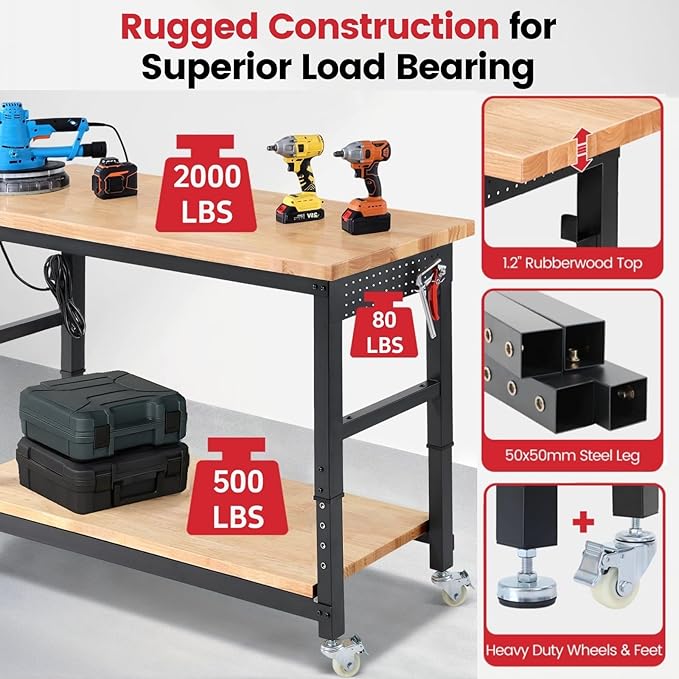 Workbench for Garage with Wheels 60 x 22 Inch Heavy Duty Rubberwood Tabletop Work Table with Under Table Shelf, Pegboard, Power Outlets for Woodworking Shop Home Office