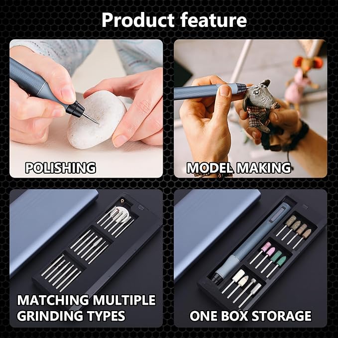 Electric Cordless Rotary Tool, Engraving Pen with 30 Engraving Bits, 5 Speed Level Adjustable, OLED Screen Display Speed and Power, Big Power No Core Motor