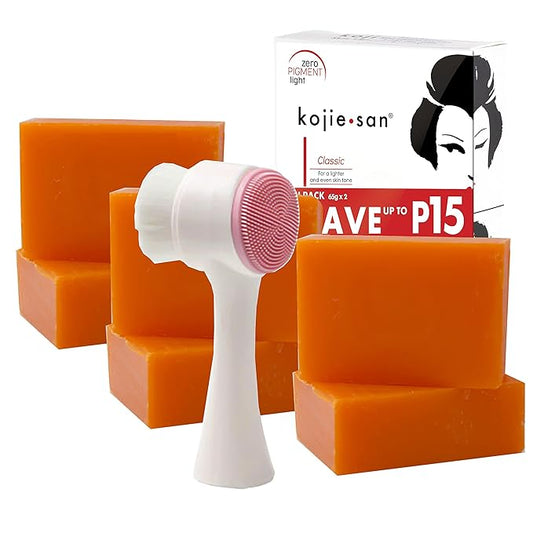 Kojie San Skin Brightening Brush Set - Original Kojic Acid Soap That Helps Reduces Dark Spots & Other Types of Skin Damage – 65g x 6 Bars and Relumins Deep Pore Facial Cleansing Brush-VeraVaultWomen