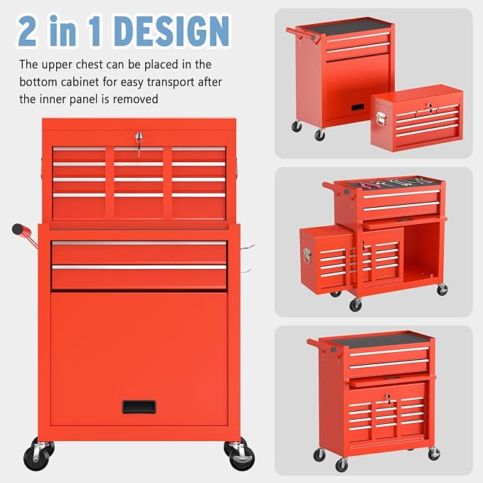 8 Drawer High Capacity Rolling Tool Chest, Tool Box with Wheels and Drawers, Detachable Toolbox with Lock, Heavy Duty Metal Tool Cabinet for Workshop, Warehouse and Garage (Red)