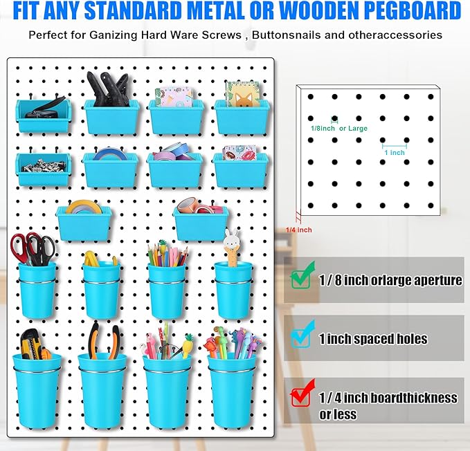 64 Pieces Pegboard Bins Pegboard Cups with Hooks and Loops Peg Hooks Assortment Organizer Accessory for Organizing Accessories Tools Storage Office Workshop Garage Workbench (Blue)