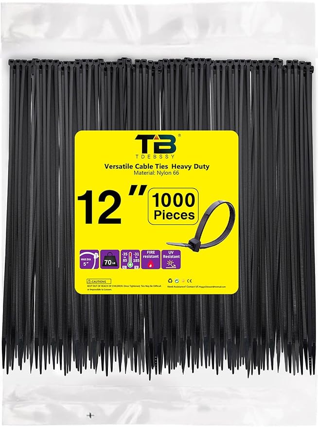 Black Zip Ties 1000 Pcs,TDEBSSY 12in Long 70lb Heavy Duty Cable Ties 4.8mm Wide Self Locking Nylon Zip Ties UV Resistant Strong Wire Ties with 32 kg Tensile Strength (12in/70lbs)
