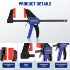 WORKPRO 6" Mini Bar Clamps for Woodworking, One-Handed Clamp/Spreader, Wood Clamps Set, Screw Change F Clamps with 50LBS Load Limit, 4 Pack