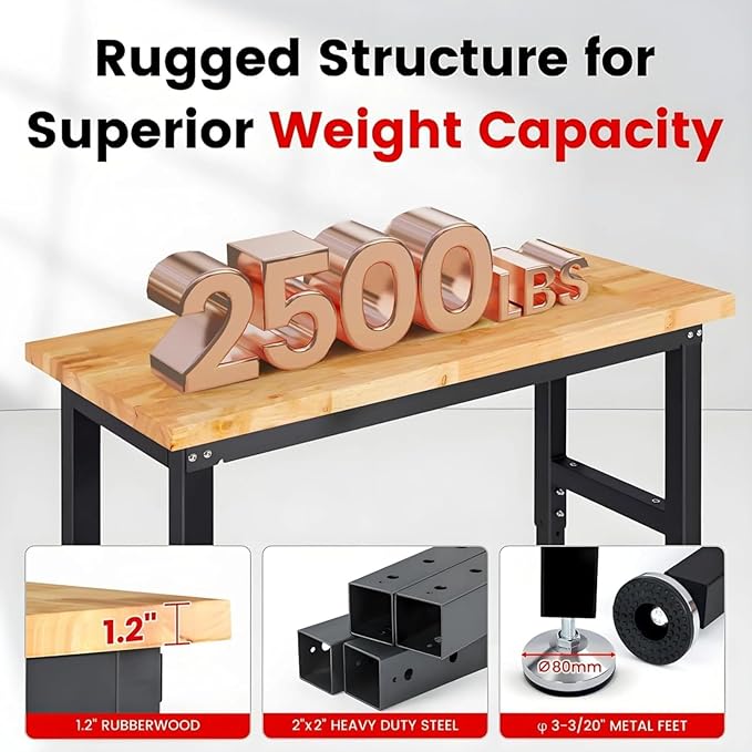 Work Bench for Garage 48 x 20 Inch Adjustable Height Rubberwood Tabletop Work Table with Pegboard, Power Outlets Garage Workbench for Woodworking Shop, Home, Office, Electronic Cutting Wood