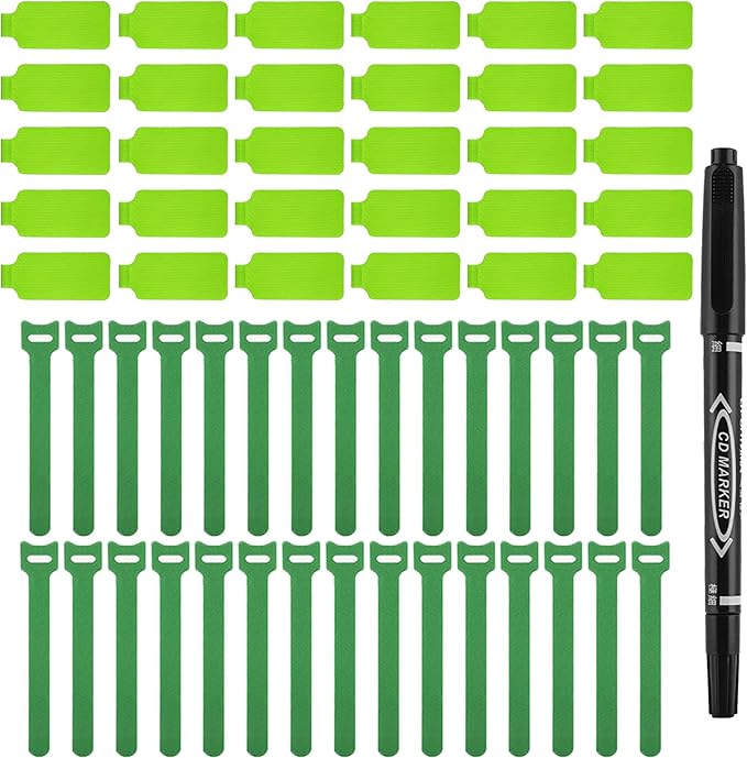 Cable Labels & Reusable Hook and Loop Fastening Ties Set - 30 Pcs Cord or Wire Labels & 30 PiecesCable Tags for Electronics, Home & Office Cord Management (Green and Green)
