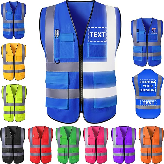 Custom Safety Vest for Men with Logo Pockets Personalized High Visibility Protective Workwear with Reflective Strip