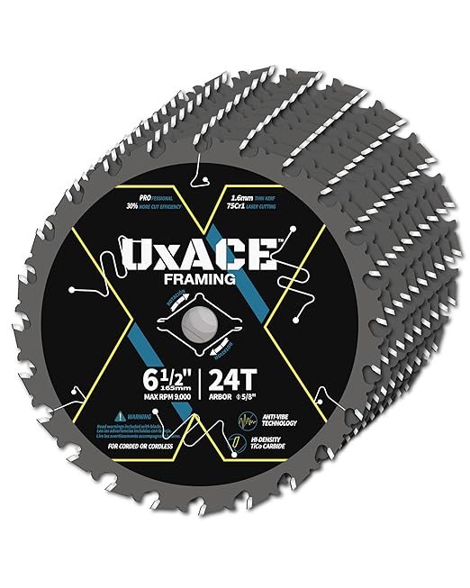 6-1/2-Inch 24-Tooth Circular Saw Blade with 5/8-Inch Arbor, Framing Wood Cutting, Carbide Tip, Thin Kerf, for Plywood, MDF, OSB, Laminated, 10 Pack
