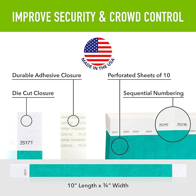 1,000 WristCo Caribbean Blue Tyvek Wristbands for Events - Comfortable Tear Resistant Paper Bracelets ID Wrist Bands for Concerts Festivals Admission Party Identification