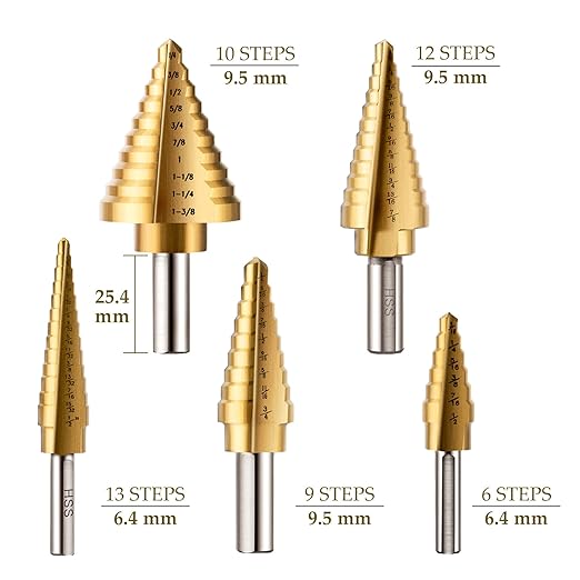 ZELCAN Step Drill Bit Set, 5PCS HSS Titanium Step Drill Bits for Metal, 50 Sizes in 5 High Speed Steel Unibit Stepped Drill Bit for DIY Lovers Electrician, 1/8 to 1-3/8 Inches
