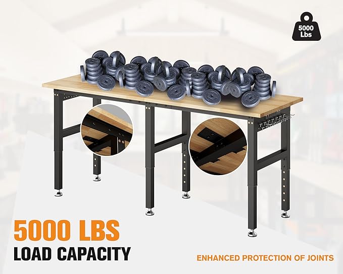 SPECRAFT 84“ Adjustable Heavy Duty Workbench with 4 AC Outlet and 2 USB Ports Power Outlets, 5000 Lbs Capacity, Rubber Wood Top for Garage, Workshop, Office