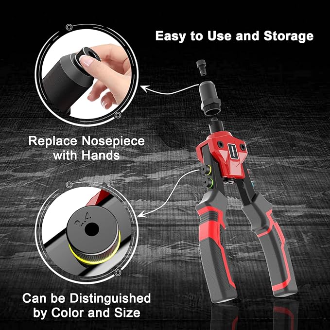 Rivet Gun Kit, Pop Rivet Gun Tool with 400 Rivets & 5 Nosepieces, 80 Pcs Aluminum Rivets for Each Rivet Head Size, 9.5'' Heavy Duty Manual Two-Handed Riveter Tool for Metal, Leather and Plastic, IM20