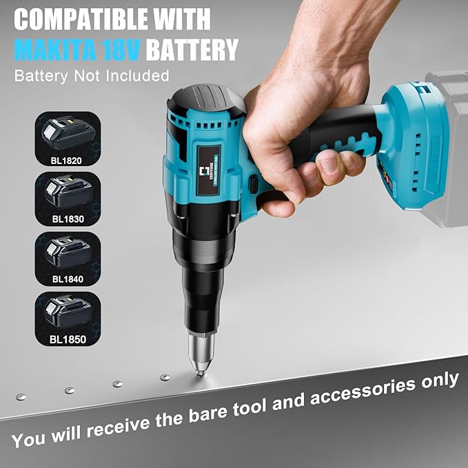 Rivet Gun Compatible with Makita 18V Battery,Cordless Riveters Tool,Brushless Rivet with 3 Size(1/8", 5/32", 3/16") Aluminum Rivets & LED Light for Construction,Metalworking