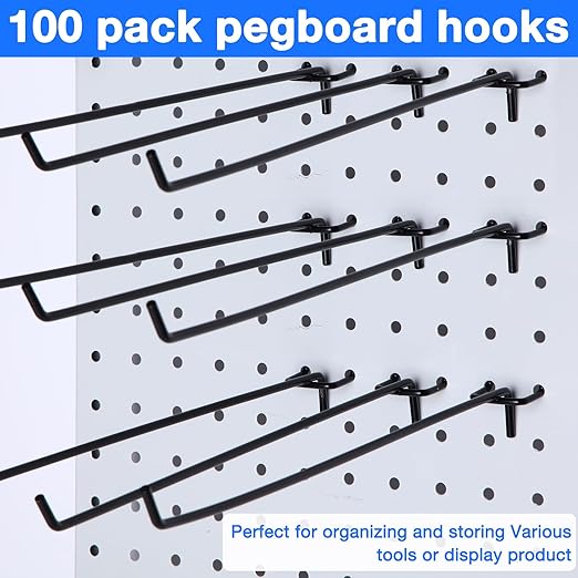Shimeyao 100 Pcs Peg Board Shelving Hooks Stainless Steel Hanging Board Pegs Wall Display Hooks Bulk for 1/8 1/4 Garage Storage Organizer Accessories(12 Inch,Black)