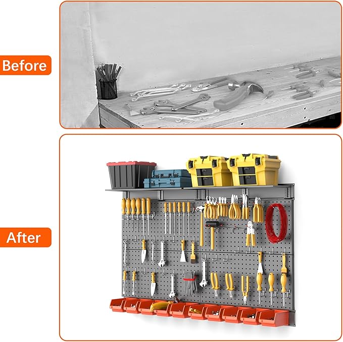 TORACK Metal Pegboard with Peg Board Hooks, Tools Storage Pegboard with Pegboard Hooks, Wall Mounted Storage Bins, Shelves, Tool Organizer Board with Pegs(Black)