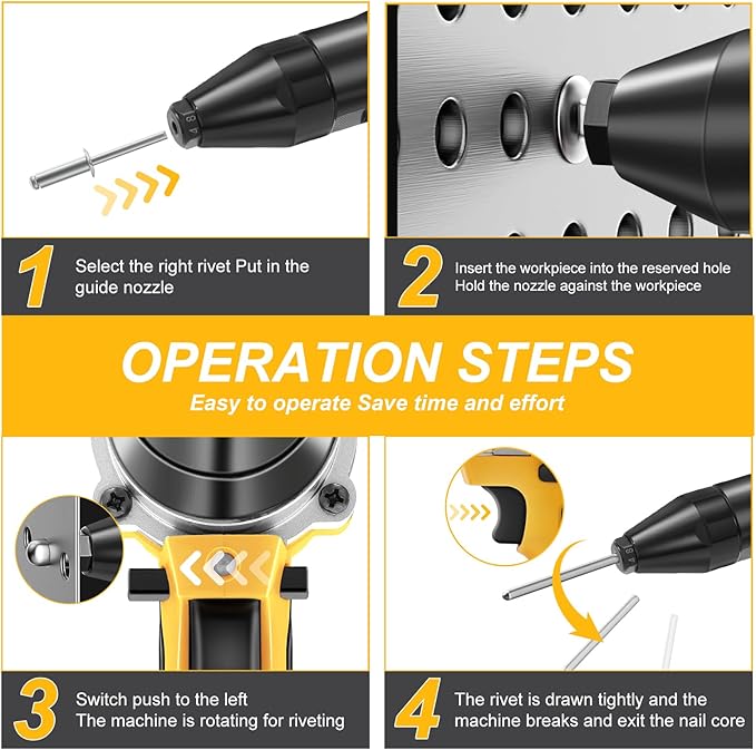 YEARTOP Cordless Rivet Tool for De-Walt 20V Max Battery, Electric Rivet Tool Kit for 3 Size (1/8'', 5/32'', 3/16") Rivets, Blind Pop Rivet Gun with 100PCS 5/32'' Rivets for Metal, Plastic(No Battery)