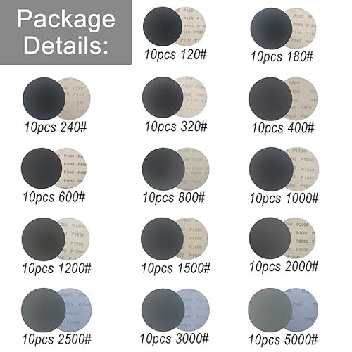 140Pcs 3 Inch Wet Dry Sanding Discs, Assorted 120 to 5000 Grit Silicon Carbide Hook & Loop Sandpaper with 1/4" Shank Sanding Pads and Foam Buffering Pad for Wood Metal Car Polishing & Finishing