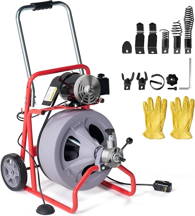 Albott 75 FT x 1/2 inch Electric Drain Cleaner Machine with Auto-Feed & 9 Cutters, Sewer Snake Auger for 1–4 Inch Pipes, Foot Switch & Wheels, Ideal for Home & Commercial Use, Grey/Red