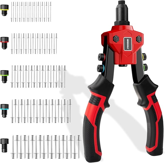 Rivet Gun Kit, Pop Rivet Gun Tool with 400 Rivets & 5 Nosepieces, 80 Pcs Aluminum Rivets for Each Rivet Head Size, 9.5'' Heavy Duty Manual Two-Handed Riveter Tool for Metal, Leather and Plastic, IM20
