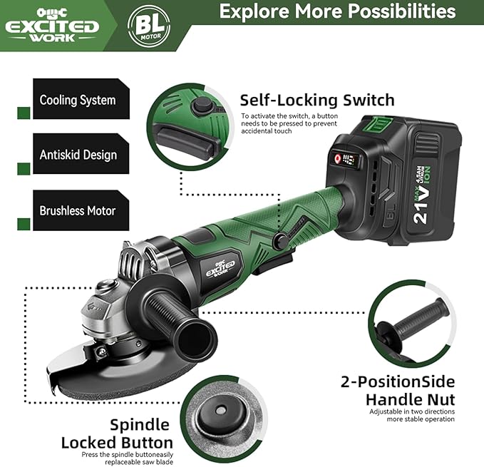 Cordless Angle Grinder, 20V 5 inch Electric Grinder Power Tools with 2 X 4.5Ah Battery, Adjustable Handle,Brushless Motor for Polishing, Grinding & Cutting