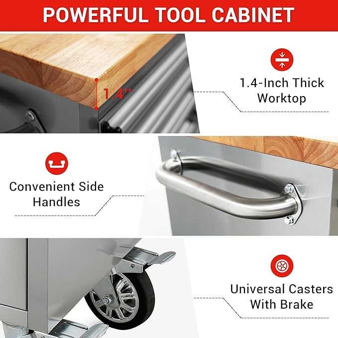 CT Copper Tailor 72-inch Rolling Tool Chest with 15 Drawers and Wheels, Mobile Garage Workbench, Large Tool Box Storage Tool Cabinet with Wood Top for Workshop,Stainless Steel