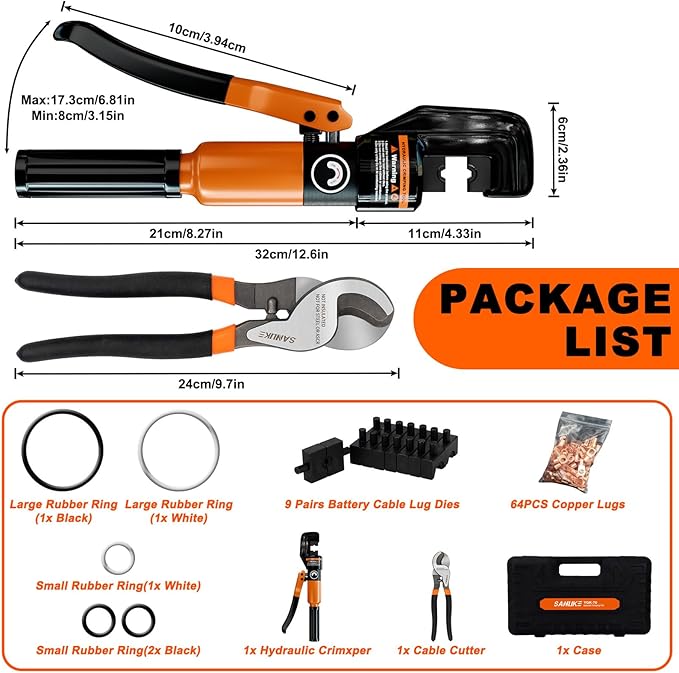 Sanuke Hydraulic Crimping Tool and Cable Cutter, 12 AWG to 2/0 AWG, 10 Tons Electrical Terminal Cable Crimper Tool Kit with 9 Die Sets and 64PCS Copper Wire Lugs