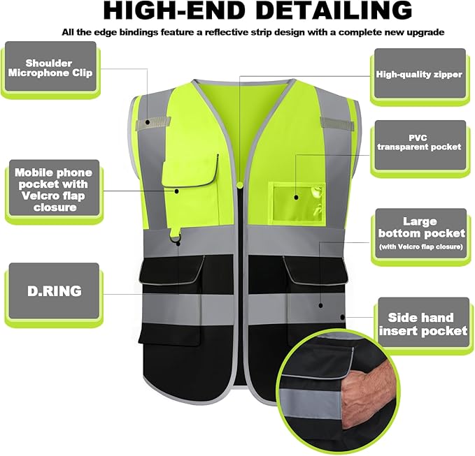 BeautyWill Custom Safety Vest Customized Logo Class 2 High Visibility Reflective Vest with Pockets Construction workwear