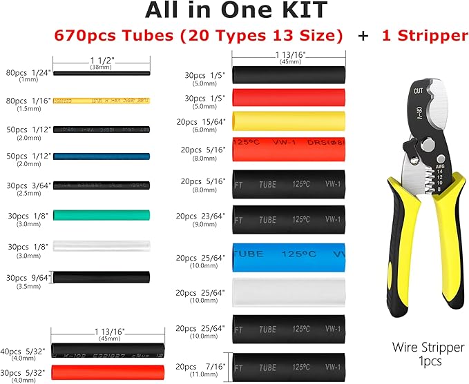 Ginsco 670 pcs 2:1 Heat Shrink Tubing Kit with Wire Stripper Cutter, 6 Colors 13 Sizes 20 Types Assorted Sleeving Tube Wrap Cable Kit, Electrical Heat Shrink Tubes for DIY Home Automotive Industrial