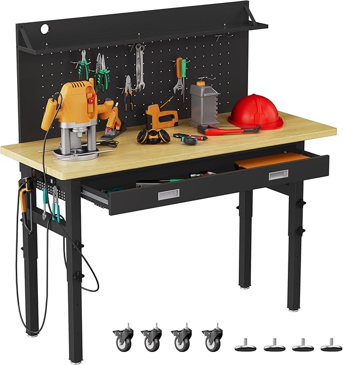 60" Heavy Duty Work Bench with Drawers, Adjustable Height 2000 Lbs Garage Workbench with Pegboard Pad & Power Outlets & Wheels, Mobile Tool Work Table for Workshop Woodworking Home Office