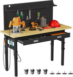 60" Heavy Duty Work Bench with Drawers, Adjustable Height 2000 Lbs Garage Workbench with Pegboard Pad & Power Outlets & Wheels, Mobile Tool Work Table for Workshop Woodworking Home Office