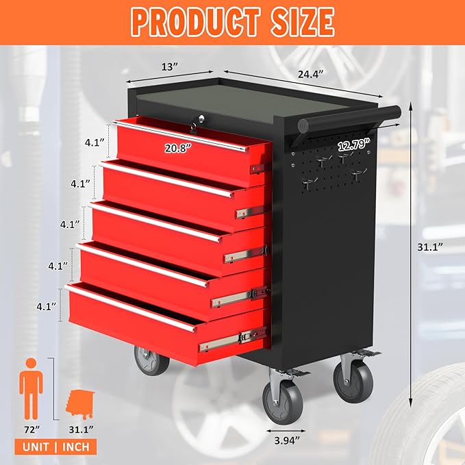 5 Drawers Rolling Tool Chest, Large Capacity Metal Tool Box with Wheels and Drawers, Tool Storage Cabinet with Keyed Locking, Tool Organizer Box for Garage, Workshop, Warehouse (Black Red)