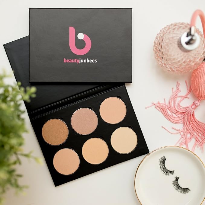 Makeup Highlighter Palette – Beauty Junkees Powder Highlighter Makeup Palette 6 Shades Glow Kit, Face Highlight Make Up Set for Beginners, Professional Quality, Paraben Gluten Cruelty Free Cosmetics-VeraVaultWomen