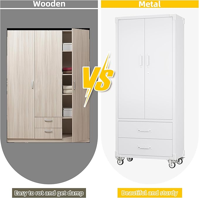 Aobabo 2 Large Drawer Metal Storage Cabinet with Wheels, Lockable Steel Storage Cabinet with 3 Adjustable Shelves with 6 Hooks for Home, Office, Garage, Classroom, White, Assembly Required