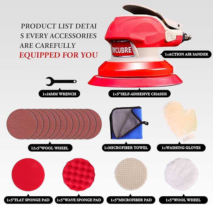 5/6 Inch Pneumatic Orbital Air Sander High-Speed DA Sander for auto body/Ideal for Woodworking, Auto Polishing, and Metal Sanding (5 inch)