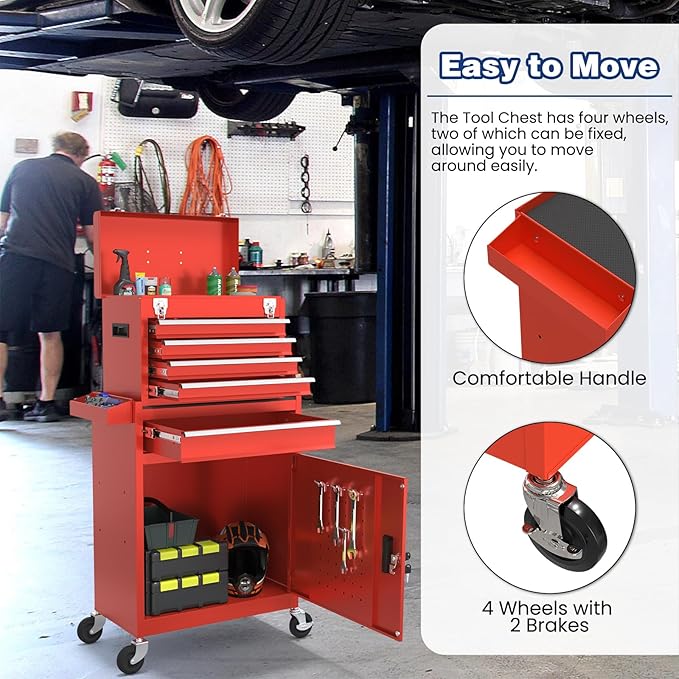 Rolling Tool Box with Wheels, 5-Drawer High Capacity Tool Chest with Wheels, Removable Storage Toolbox with Lock for Garage, Workshop