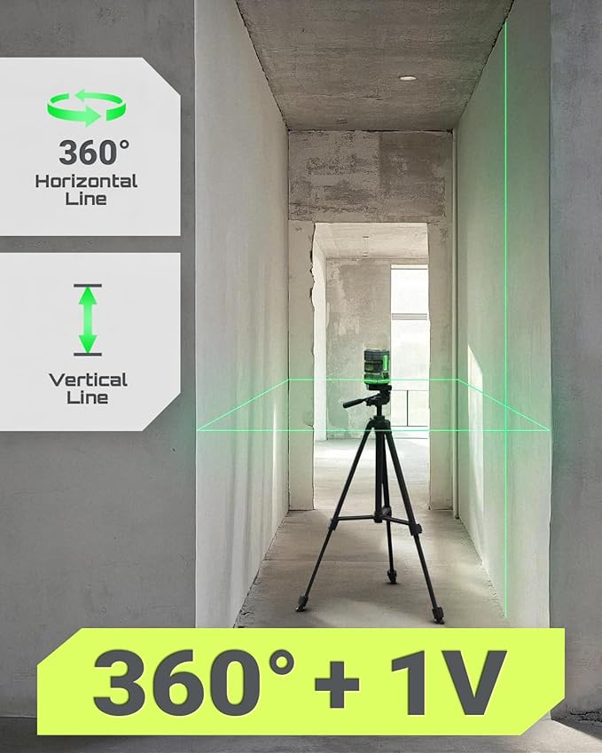 Green Laser Level Self Leveling, 360° Horizontal Laser with Vertical Laser Line, 4 Brightness Levels Pulse Mode for Floor Tile Wall Construction, L-Bracket, Batteries and Carry Bag Included