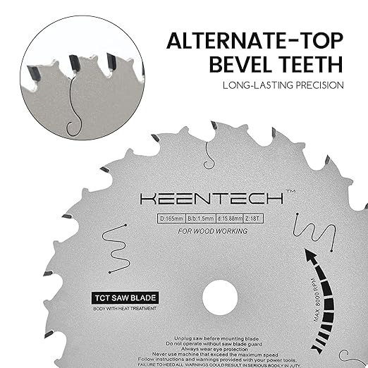 KEENTECH 6-1/2 Inch Woodworking Circular Saw Blade 18T, Non-Stick Coating, Tungsten Carbide Tipped, ATAF Grind, 5/8 Inch Arbor Hole