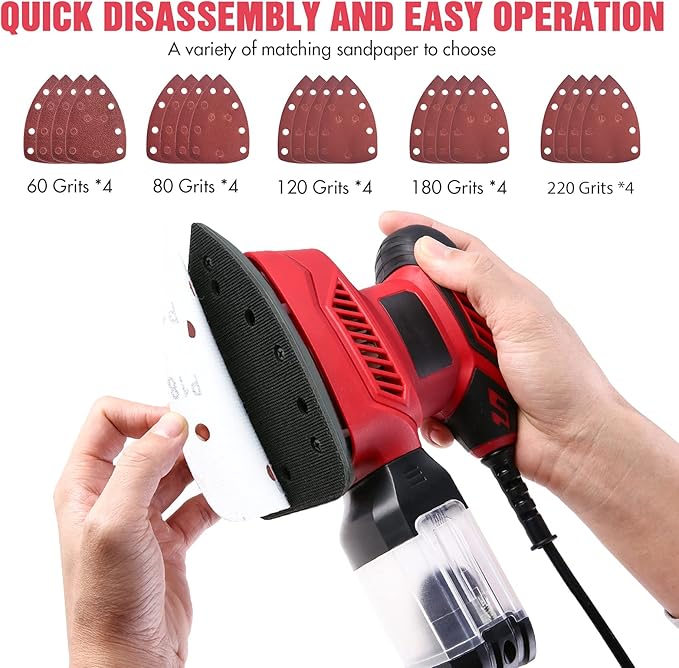 Hand Sanders for Wood, 14,000 RPM Compact Electric Sander Tool with 20 Pcs Sandpapers and Upraged Dust Box, Electric Sanders for Wood, Detail Sander for Sanding, Polishing, Removing Paint in Home