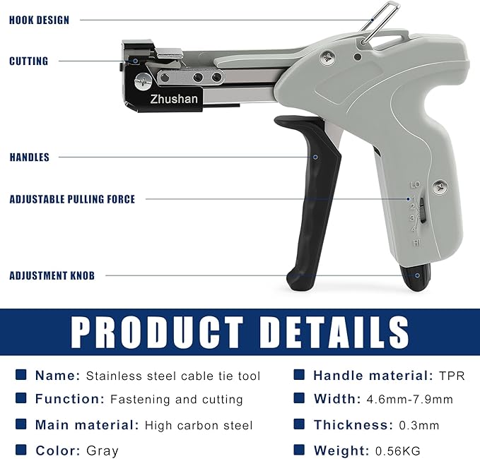 Zhushan Stainless Steel Cable Tie Gun, Auto Tighten & Cut Tool for 4.6–7.9mm Metal Ties, 4-Level Tension, Heavy-Duty & Easy to Use
