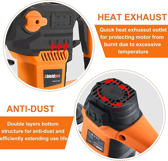 SHIELDPRO 1-1/4 Inch SDS-Plus 13 Amp Rotary Hammer Drill Heavy Duty, Safety Clutch 3 Functions with Vibration Control,Including Grease, Flat Chisels, Point Chisels and 3 Drill Bits