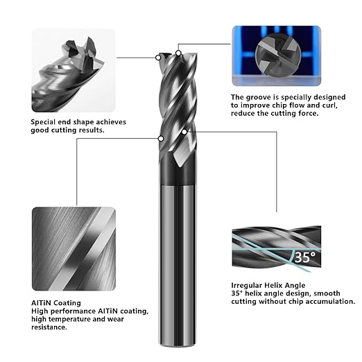 1/8" Carbide End Mill Bits Set for Alloy & Hardened Steels - Hrc55 Micro Grain, 4-Flute Milling Cutter with AlTiN Coating, CNC Router Bits, High-Performance Milling Bits