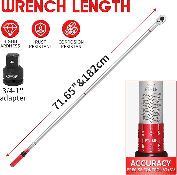 1 Inch Torque Wrench, 24 Tooth Torque Wrench 1'' Drive 200-1000FT.LB/271-1356.7N.M with a Solid Storage Case