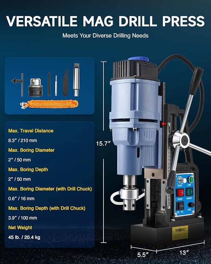 ZELCAN 1550W Mag Drill Press with 2" Dia. 3125 lbf/13900N Mag Force, 650 rpm Power Magnetic Drill with Stepless Speed & Reversible Direction for Metal Surface