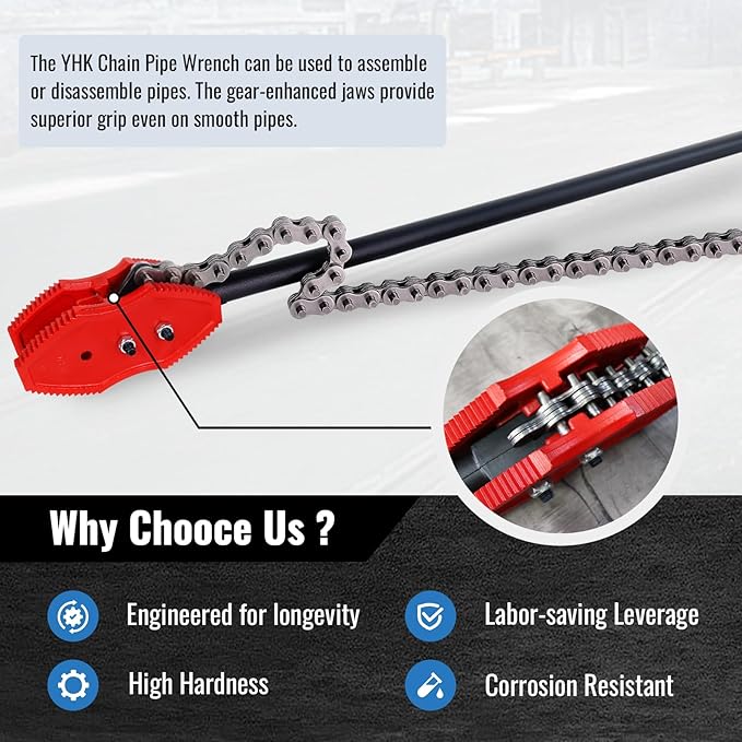YHK Chain Pipe Wrench, 64” Heavy Duty Chain Tongs with 64" Chain Length, Heavy-Duty Chain Wrench for Pipe Installation, Repair, and Maintenance, Fit for 2"-12" Pipe Diameters