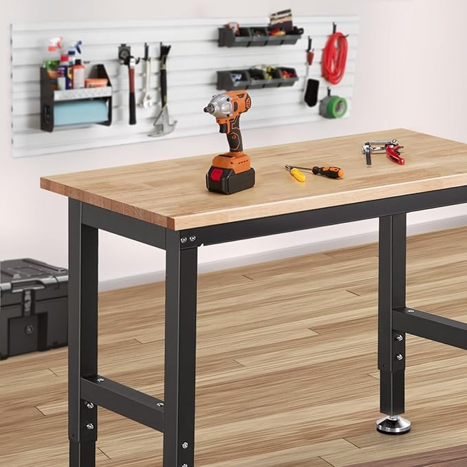 Work Bench 41 Inch Workbench for Garage Adjustable Height Heavy Duty Work Table Rubberwood Tabletop for Cutting Wood Shop Home Office Electronic Woodworking