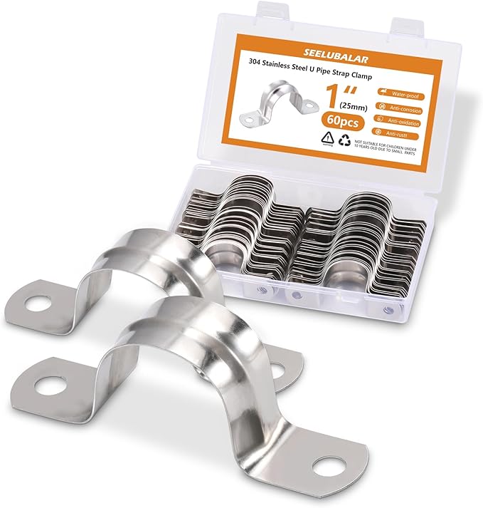 60PCS M25 Stainless Pipe Strap, 1 Inch Stainless Steel Conduit Clamps, 2 Hole Strap U Bracket Rigid Pipe Strap Metal U Clamp Conduit Strap Tension Clips U-tube Pipe Clamps（25mm）
