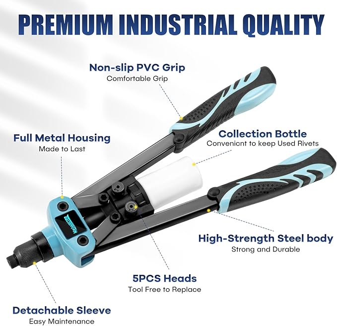 Meiwaltee 13" Rivet Gun, 1/4 Pop Rivet Gun with 100 Pcs Rivets, Manual Hand Heavy Duty Riveter with 5 Nosepieces for Plastic Metal,Aluminum, Plastic, Tube Stock,Gutter & Automotive.