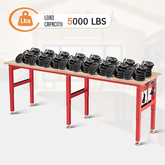 SPECRAFT 96" Red Adjustable Heavy Duty Workbench with 4 AC Outlet and 2 USB Ports Power Outlets, 5000 Lbs Capacity, Rubber Wood Top for Garage, Workshop, Office